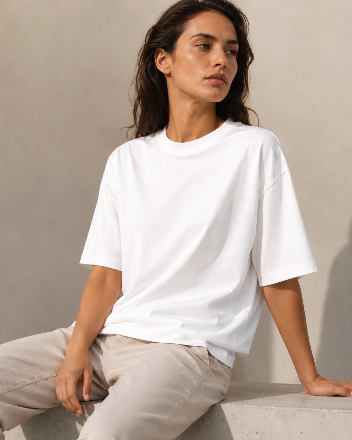 Modelo con camisa blanca y pantalón neutro en estudio
