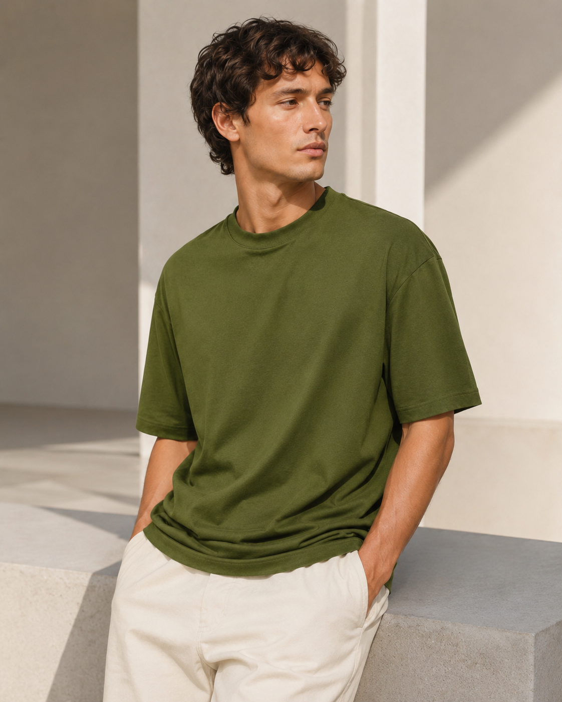 Modelo con atuendo casual en negro, blanco y tonos cálidos