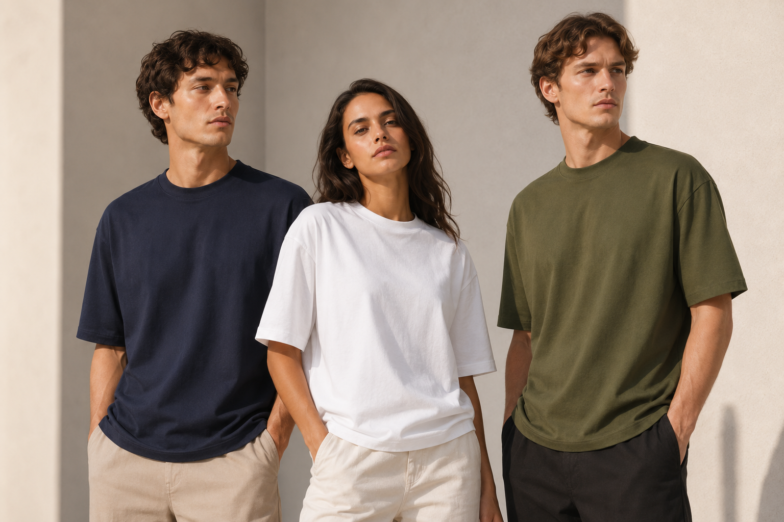 Grupo de modelos con prendas en tonos neutros