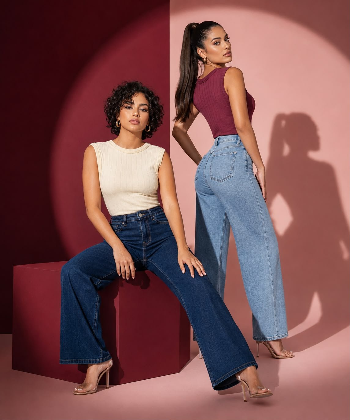 Dos modelos con prendas neutras en un estudio minimalista