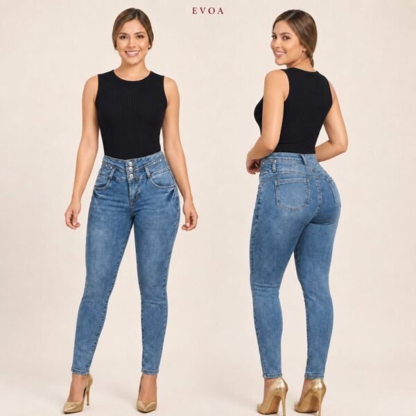 Jeans Skinny De Pretina Ancha Celeste